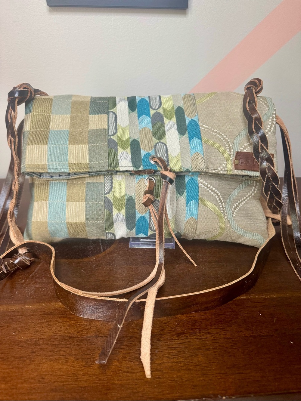 Patchwork Canvas Crossbody Bag with Leather Accents